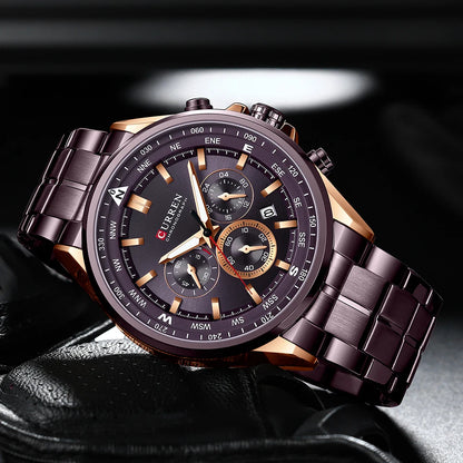 Herrenuhr CURREN – Trendige Uhr einer bekannten Marke, Luxusmodell, wasserdicht, aus Edelstahl, sportlicher Stil, Quarz-Chronograph