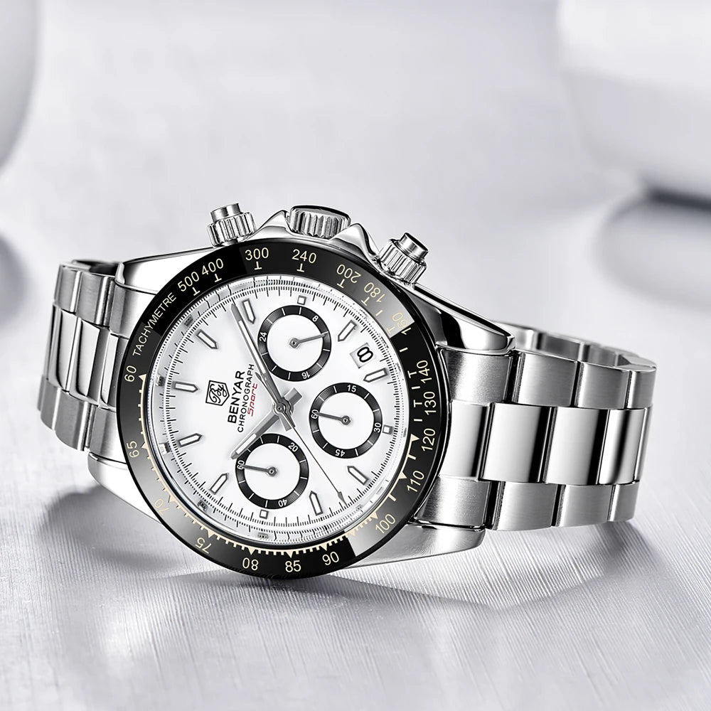 Zegarki męskie BENYAR – luksusowy chronograf, model sportowy, wodoodporny, ze stali nierdzewnej, z mechanizmem kwarcowym