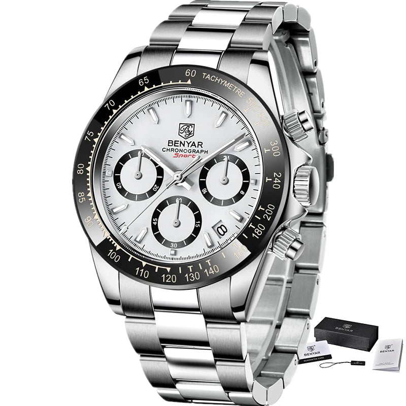 Zegarki męskie BENYAR – luksusowy chronograf, model sportowy, wodoodporny, ze stali nierdzewnej, z mechanizmem kwarcowym
