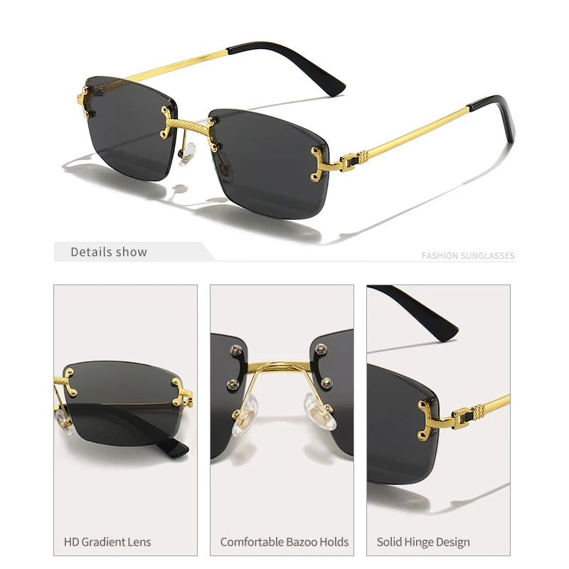 HBK Square Rimless Sunglasses Women TOP Quality Retro Metal Sun Glasses Men Luxury Party Business Gradient Shades 2024