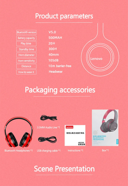 Lenovo HD200 kabellose Bluetooth-Over-Ear-Kopfhörer – geräuschunterdrückendes HiFi-Stereo-Gaming-Headset mit Mikrofon