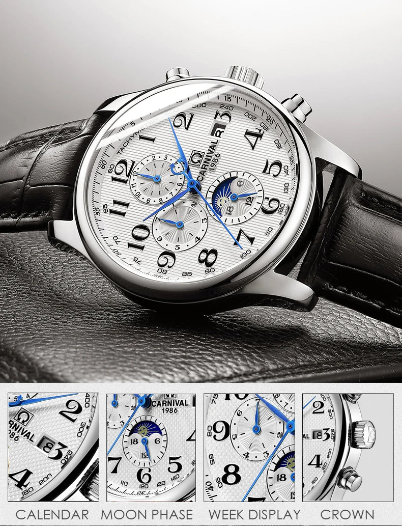Carnival Brand Automatic Watch, Fashion Luxury Waterproof Calendar with Moon Phase, Mechanical Watches for Men