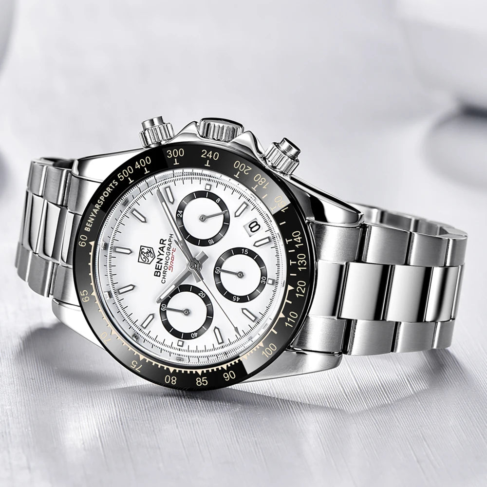 Zegarki męskie BENYAR – luksusowy chronograf, model sportowy, wodoodporny, ze stali nierdzewnej, z mechanizmem kwarcowym