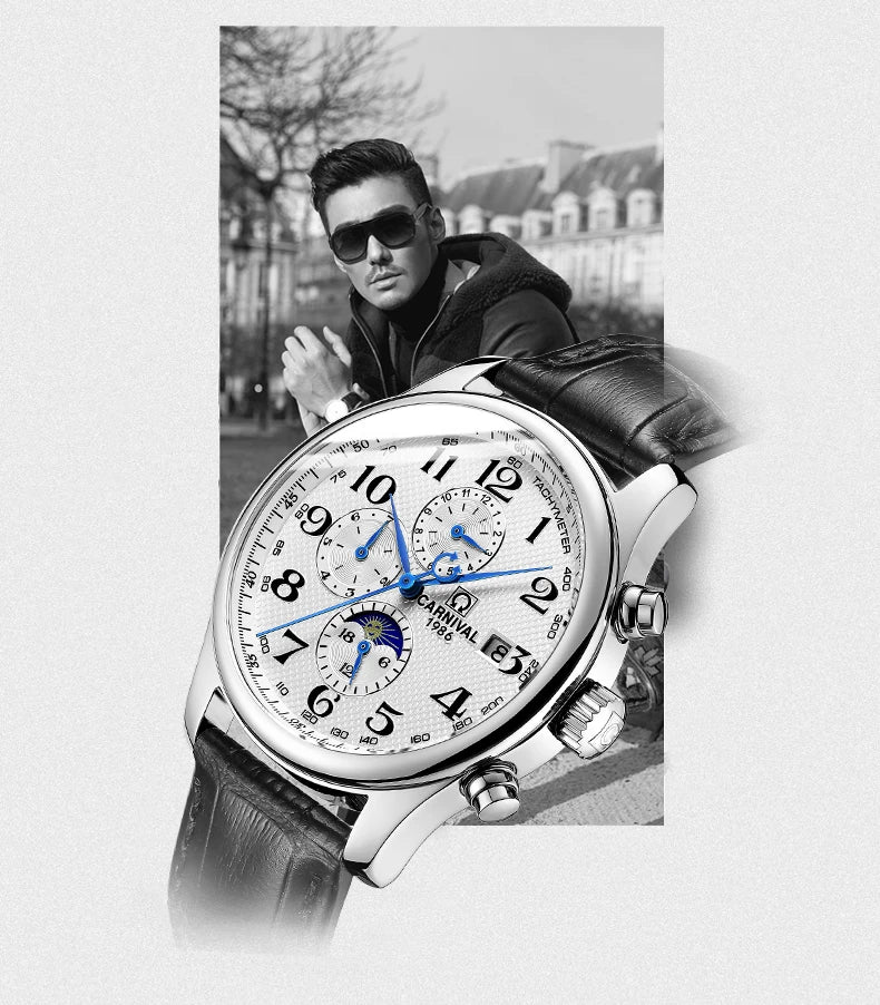 Carnival Brand Automatic Watch, Fashion Luxury Waterproof Calendar with Moon Phase, Mechanical Watches for Men