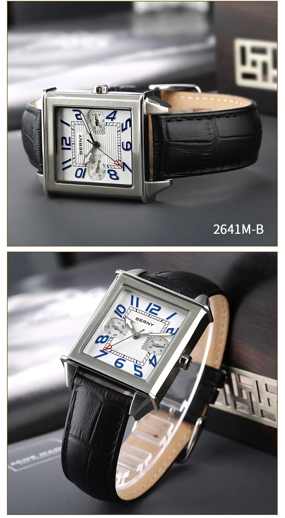 BERNY 6P25 Quartz Watch for Men Golden New Square Wristwatch Vintage Day Top Leather 3ATM Waterproof Luxury Watch Male