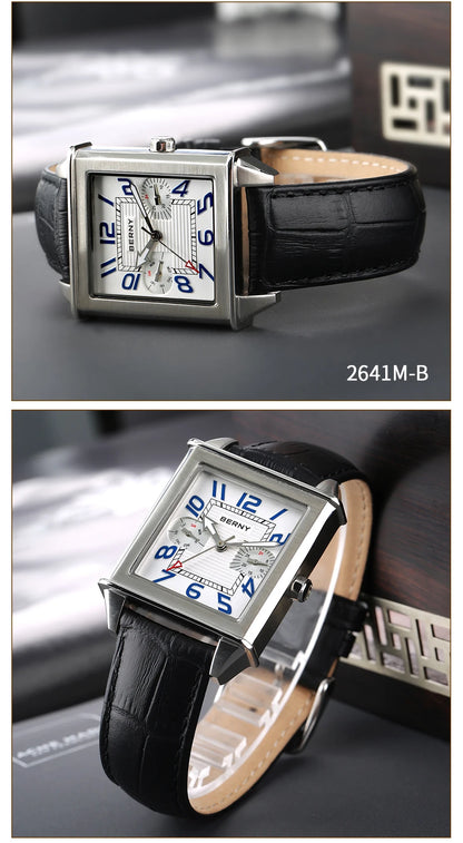 BERNY 6P25 Quartz Watch for Men Golden New Square Wristwatch Vintage Day Top Leather 3ATM Waterproof Luxury Watch Male