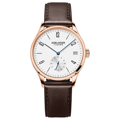 AGELOCER Original Budapest Watch Lady Leather Watch Strap Simple Big Calendar Automatic Mechanical Watch Birthday Gift for Women