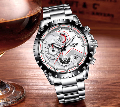 Montre pour homme LIGE – Montre à quartz tendance, marque de luxe, tout en acier, style professionnel, étanche et sportive – Livrée avec boîte