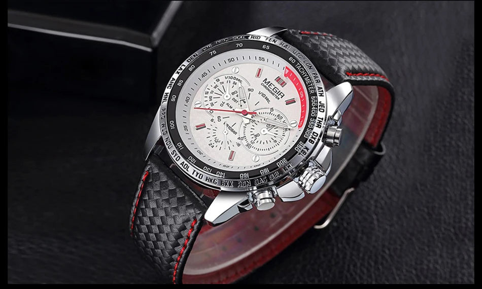 Montre-bracelet analogique à quartz pour homme MEGIR – Montre de luxe étanche avec bracelet en cuir, style décontracté, modèle 1010 (noir)