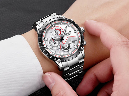 Montre pour homme LIGE – Montre à quartz tendance, marque de luxe, tout en acier, style professionnel, étanche et sportive – Livrée avec boîte