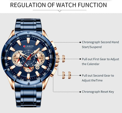 CURREN Men's Business Watch Luxury Brand Stainless Steel Wrist Watch Chronograph Army Military Quartz Watches
