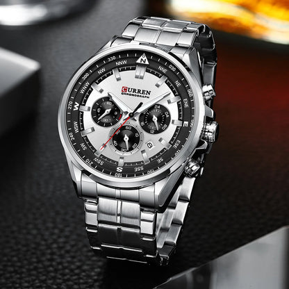 Herrenuhr CURREN – Trendige Uhr einer bekannten Marke, Luxusmodell, wasserdicht, aus Edelstahl, sportlicher Stil, Quarz-Chronograph