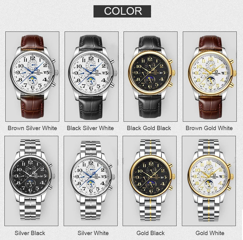 Carnival Brand Automatic Watch, Fashion Luxury Waterproof Calendar with Moon Phase, Mechanical Watches for Men