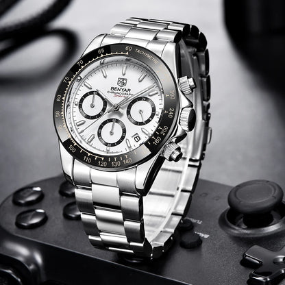 Zegarki męskie BENYAR – luksusowy chronograf, model sportowy, wodoodporny, ze stali nierdzewnej, z mechanizmem kwarcowym