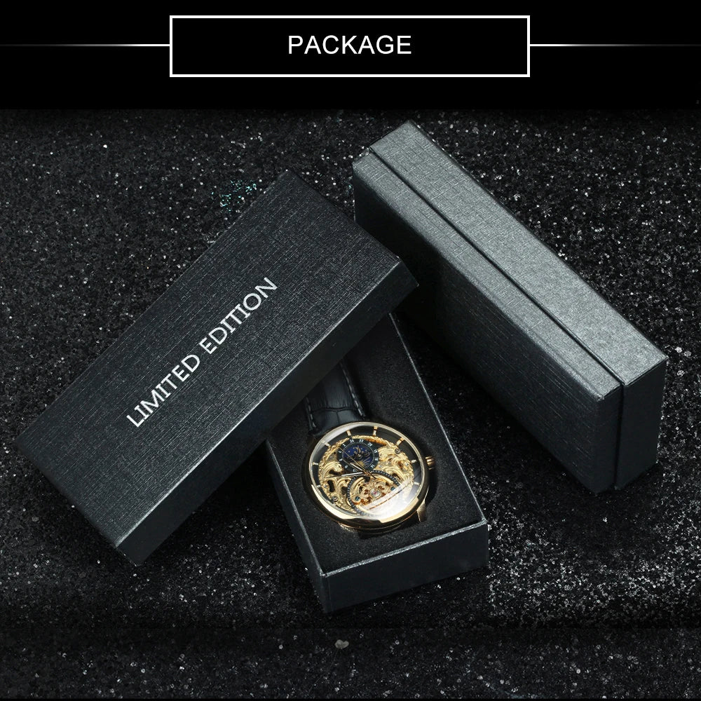 WINNER Classic Retro Automatic Mechanical Watches Luxury Tourbillon Skeleton Mens Watch Moon Phase Genuine Leather Strap Clock