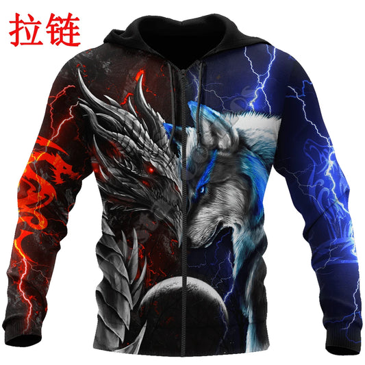 Red & blue dragon & wolf 3D Printed Fashion Mens Autumn Hoodies Sweatshirt Unisex Streetwear Casual Zip Jacket Pullover KJ494