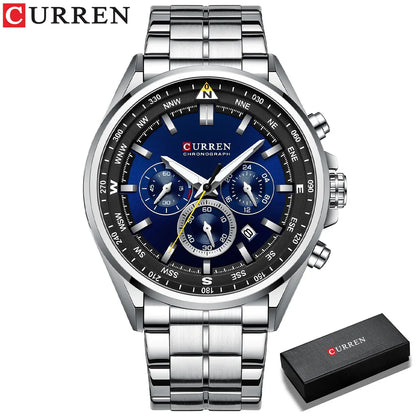 Herrenuhr CURREN – Trendige Uhr einer bekannten Marke, Luxusmodell, wasserdicht, aus Edelstahl, sportlicher Stil, Quarz-Chronograph