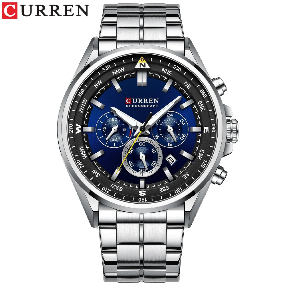 Herrenuhr CURREN – Trendige Uhr einer bekannten Marke, Luxusmodell, wasserdicht, aus Edelstahl, sportlicher Stil, Quarz-Chronograph