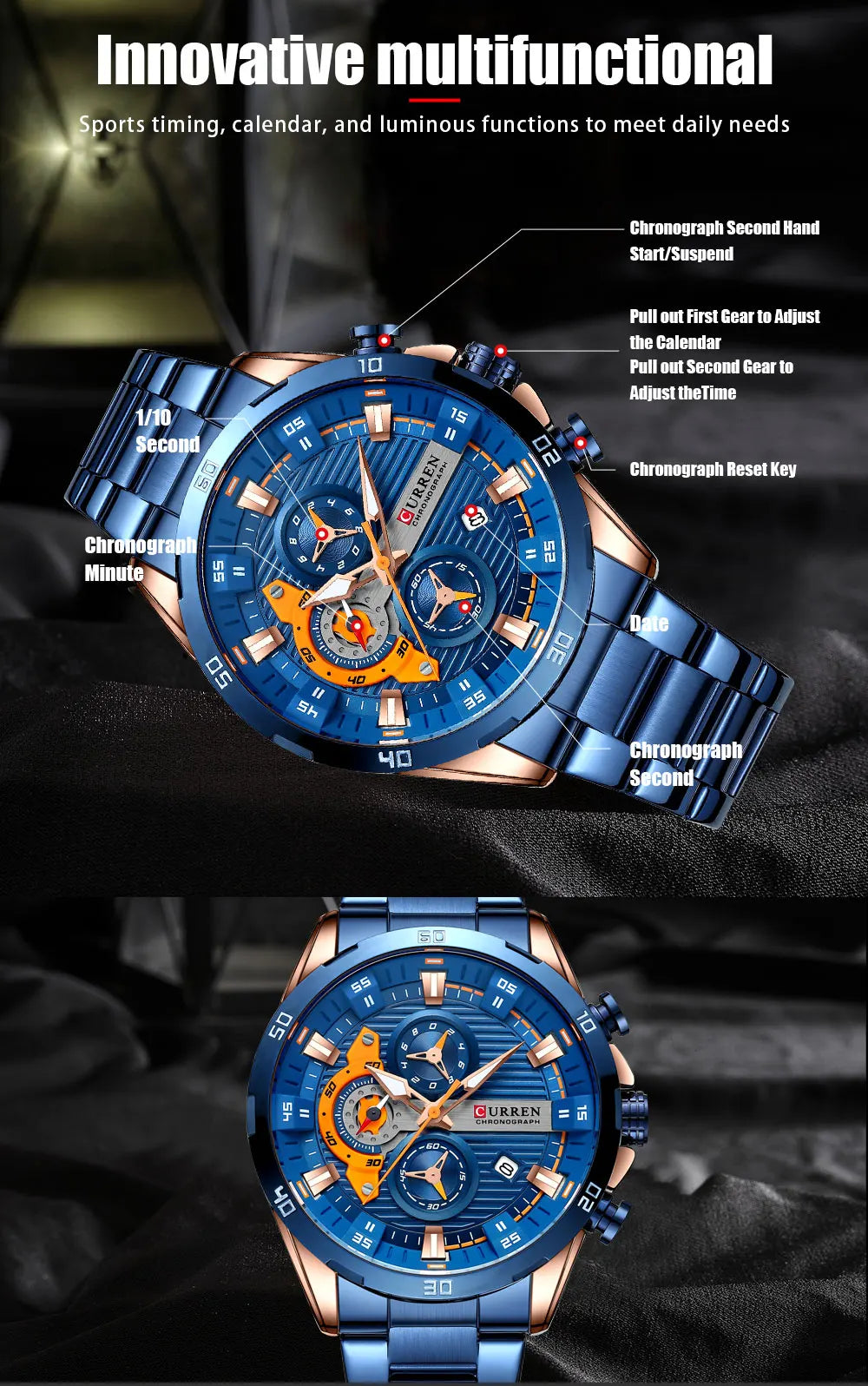CURREN Men Watch Top Brand Luxury Sports Quartz Mens Watches Full Steel Waterproof Chronograph Wristwatch Men Relogio Masculino