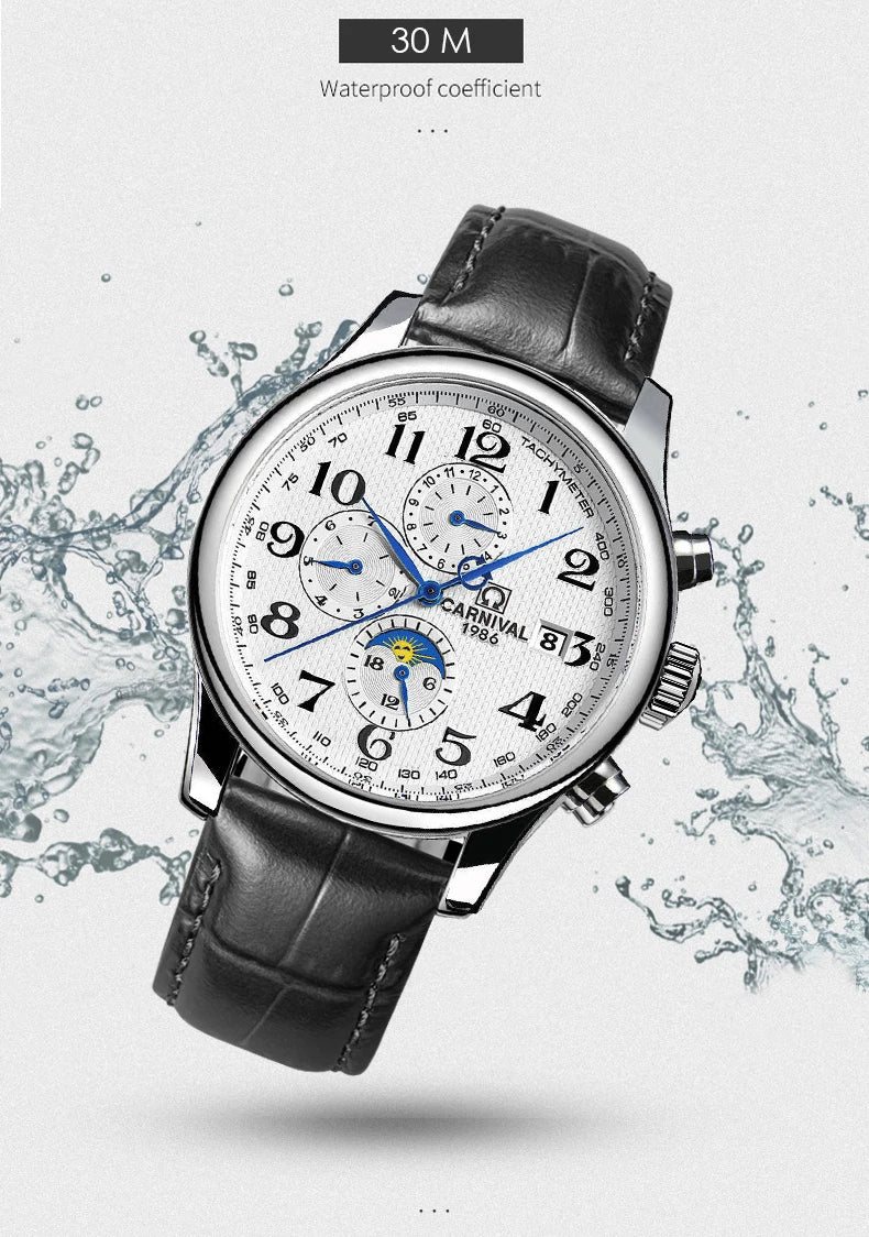 Carnival Brand Automatic Watch, Fashion Luxury Waterproof Calendar with Moon Phase, Mechanical Watches for Men