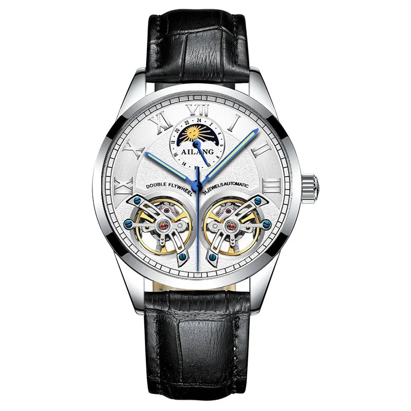 AILANG Double Tourbillon Design Business Men Mechanical Watch Fashion Leather Moon Phase Automatic Watches for Mens Reloj Hombre