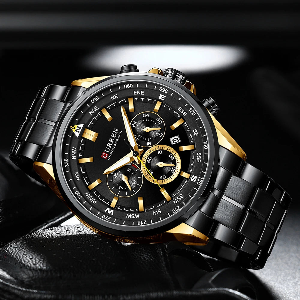 Herrenuhr CURREN – Trendige Uhr einer bekannten Marke, Luxusmodell, wasserdicht, aus Edelstahl, sportlicher Stil, Quarz-Chronograph