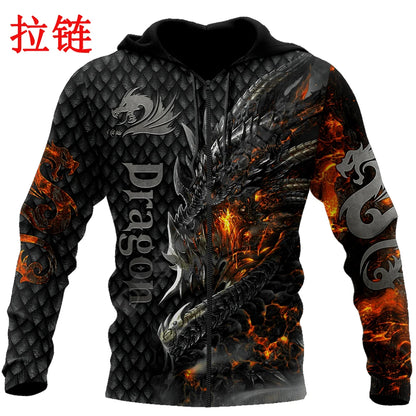 Prekrasna muška uniseks hoodie majica s kapuljačom s 3D printom vatrenog zmaja po cijeloj površini, jesenska streetwear ležerna jakna za trenirku KJ749