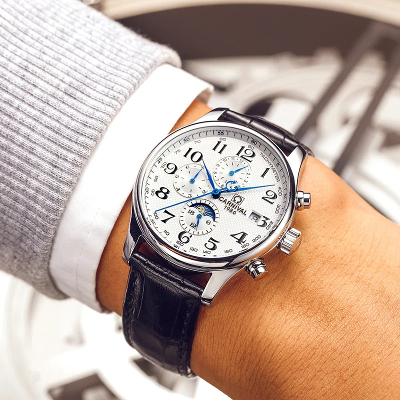 Carnival Brand Automatic Watch, Fashion Luxury Waterproof Calendar with Moon Phase, Mechanical Watches for Men