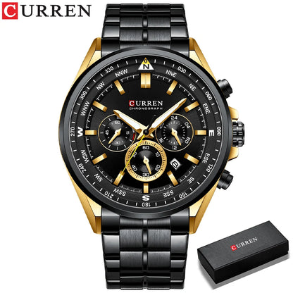 Herrenuhr CURREN – Trendige Uhr einer bekannten Marke, Luxusmodell, wasserdicht, aus Edelstahl, sportlicher Stil, Quarz-Chronograph