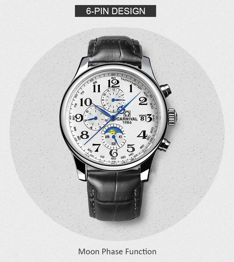 Carnival Brand Automatic Watch, Fashion Luxury Waterproof Calendar with Moon Phase, Mechanical Watches for Men