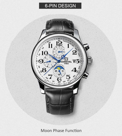Carnival Brand Automatic Watch, Fashion Luxury Waterproof Calendar with Moon Phase, Mechanical Watches for Men