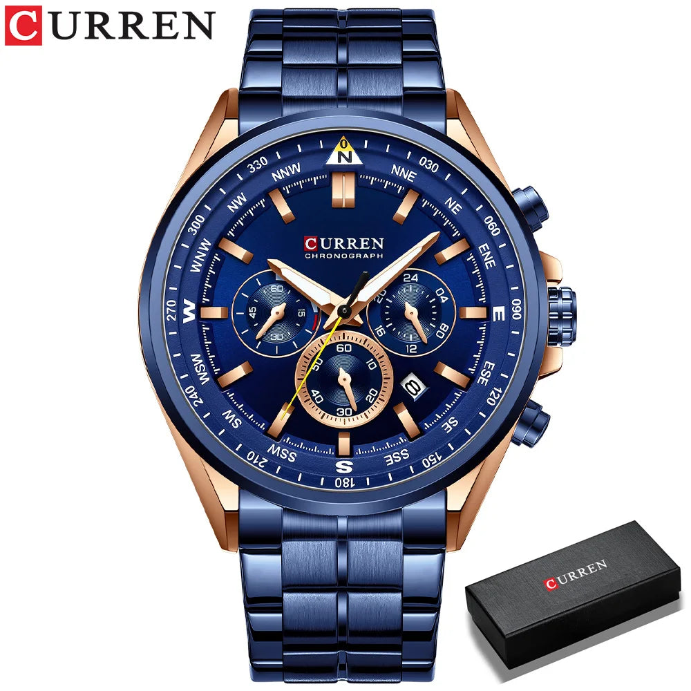 Herrenuhr CURREN – Trendige Uhr einer bekannten Marke, Luxusmodell, wasserdicht, aus Edelstahl, sportlicher Stil, Quarz-Chronograph