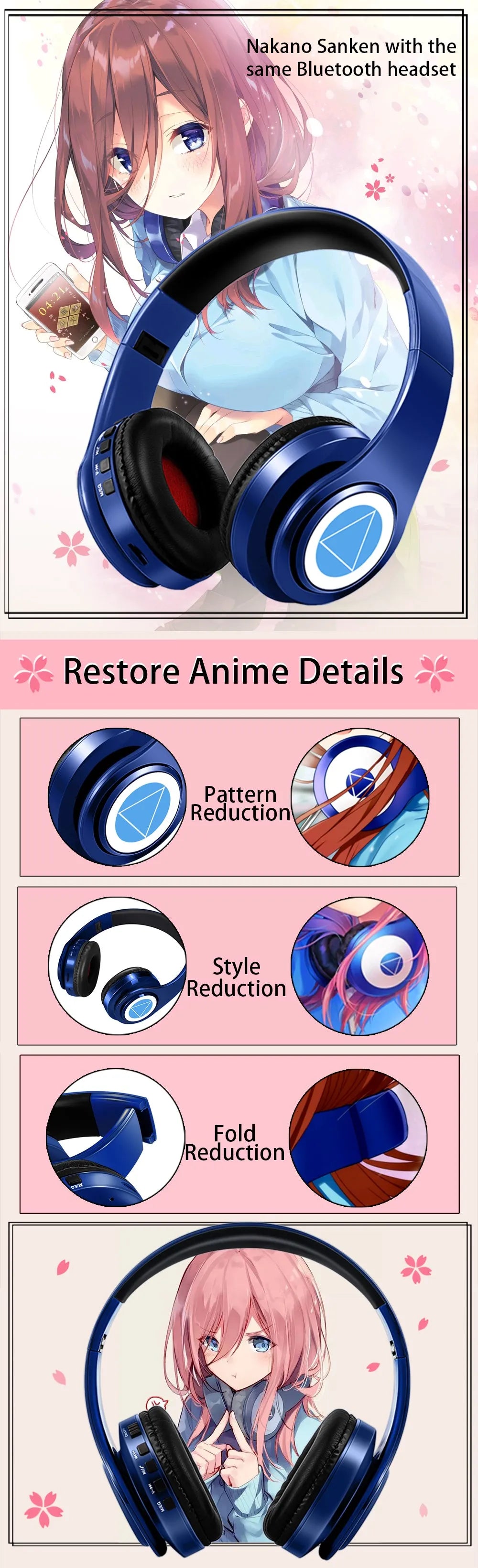 Auriculares anime over-ear Miku Nakano Sanjiu Bluetooth 5.0 – Headset gaming estéreo inalámbrico con graves profundos, micrófono y compatibilidad con tarjeta TF