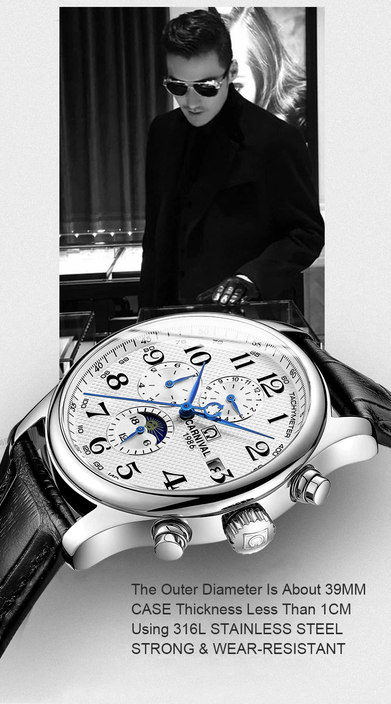 Carnival Brand Automatic Watch, Fashion Luxury Waterproof Calendar with Moon Phase, Mechanical Watches for Men
