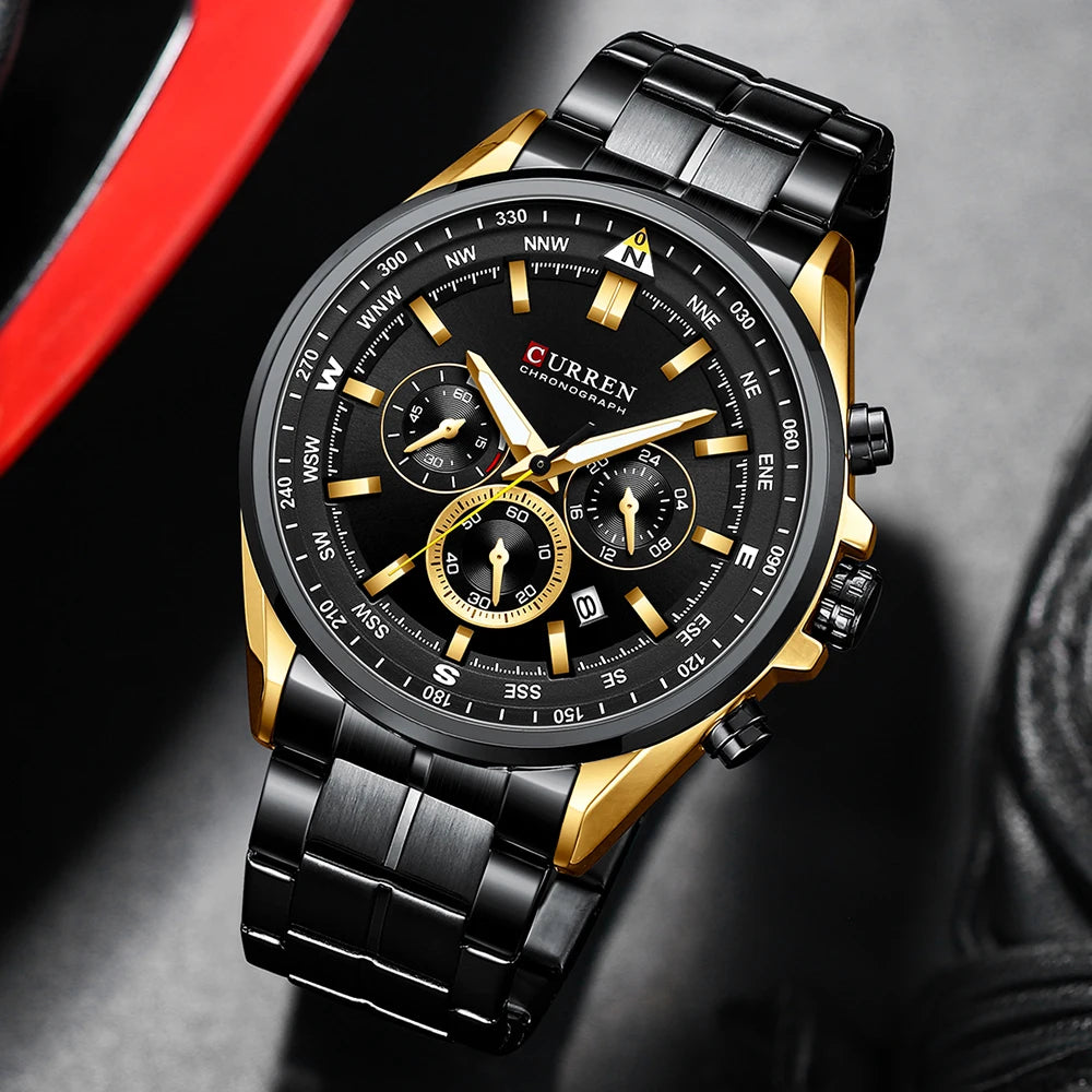 Herrenuhr CURREN – Trendige Uhr einer bekannten Marke, Luxusmodell, wasserdicht, aus Edelstahl, sportlicher Stil, Quarz-Chronograph