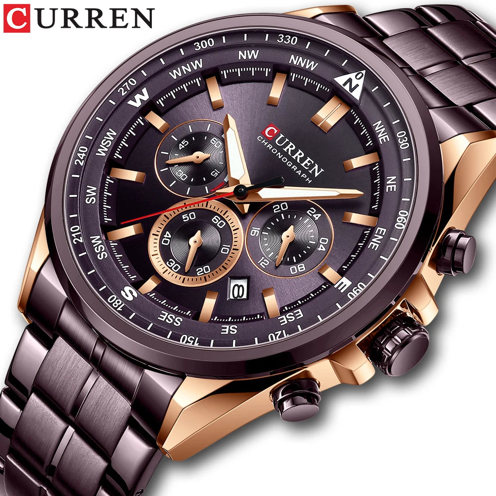 Herrenuhr CURREN – Trendige Uhr einer bekannten Marke, Luxusmodell, wasserdicht, aus Edelstahl, sportlicher Stil, Quarz-Chronograph