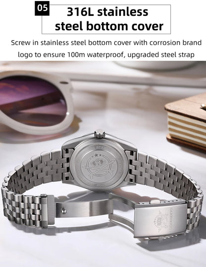 Relógio masculino novo ADDIESDIVE AD2073, vidro de safira, 36mm, VH31, quartz, efeito sunburst, 10Bar, impermeável para mergulho, luminoso