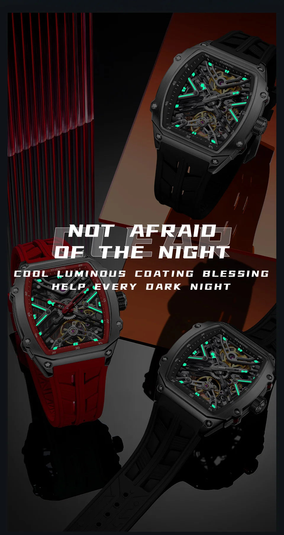 STARKING Men's Waterproof Sports Mechanical Watch, Wear-resistant Silicone Strap, Automatic, Luminous Tonneau Luxury Design