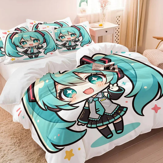 Hatsune Miku Chibi -tyylinen pussilakanasetti – söpöt anime-vuodevaatteet tyynyliinoilla, pelihuoneen sekä teinien ja lasten makuuhuoneen sisustukseen, lahja faneille