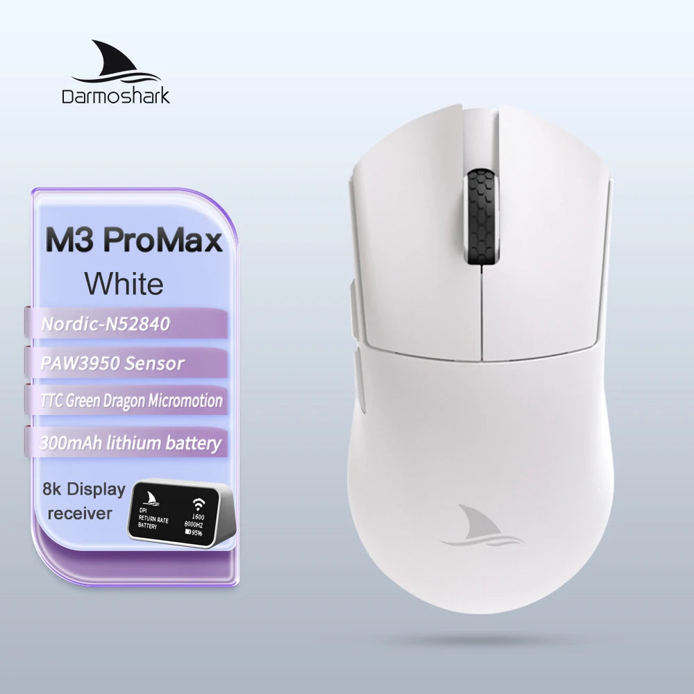 Rato Gaming Darmoshark M3Pro 2.4G BT sem fios Tri-Mode, sensor PAW3395, N52840, 26000DPI, rato com driver macro para mãos grandes e gaming