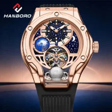 HANBORO mechanisch herenhorloge – Automatisch uurwerk, wekker, uursignaal, waterdicht tot 100 m, saffierglas, stalen kast, elegante en unieke stijl.
