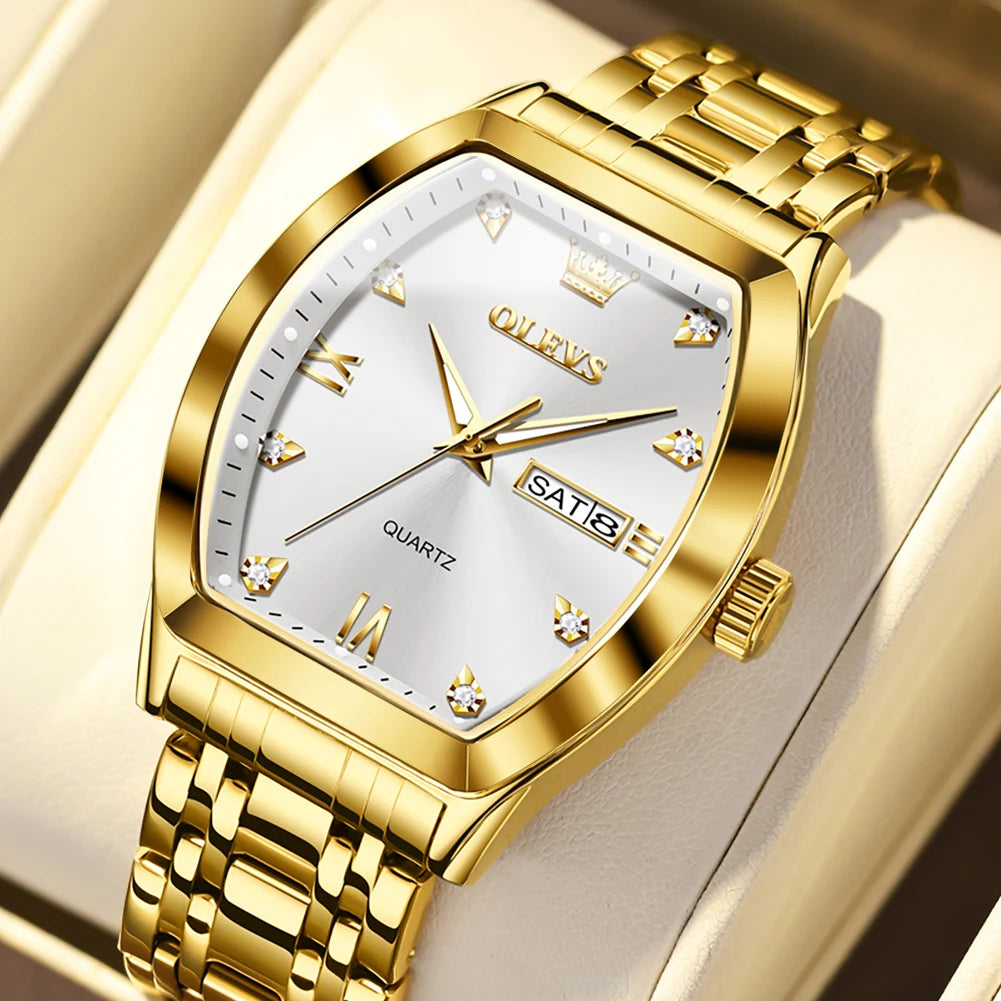 Reloj para hombre OLEVS, modelo de lujo con forma de barril, reloj de cuarzo de una marca de prestigio, resistente al agua, con indicador de día y fecha, y agujas luminiscentes.