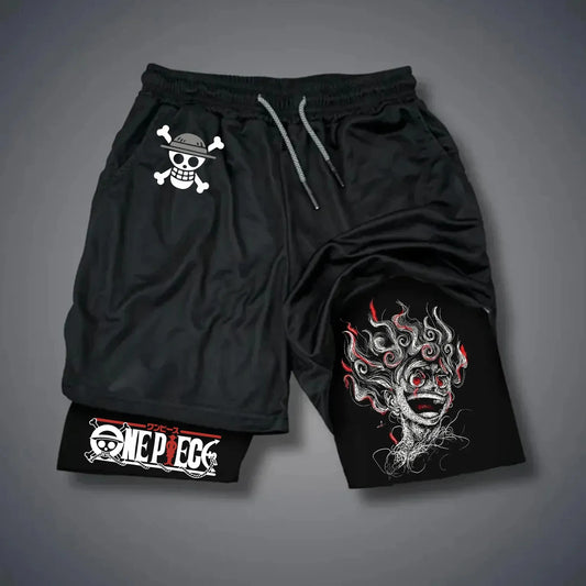 ONE PIECE Classic Anime Luffy Peripheral Printed Double-layer Shorts 2025 American Summer Men's Loose Sports Breathable Pants