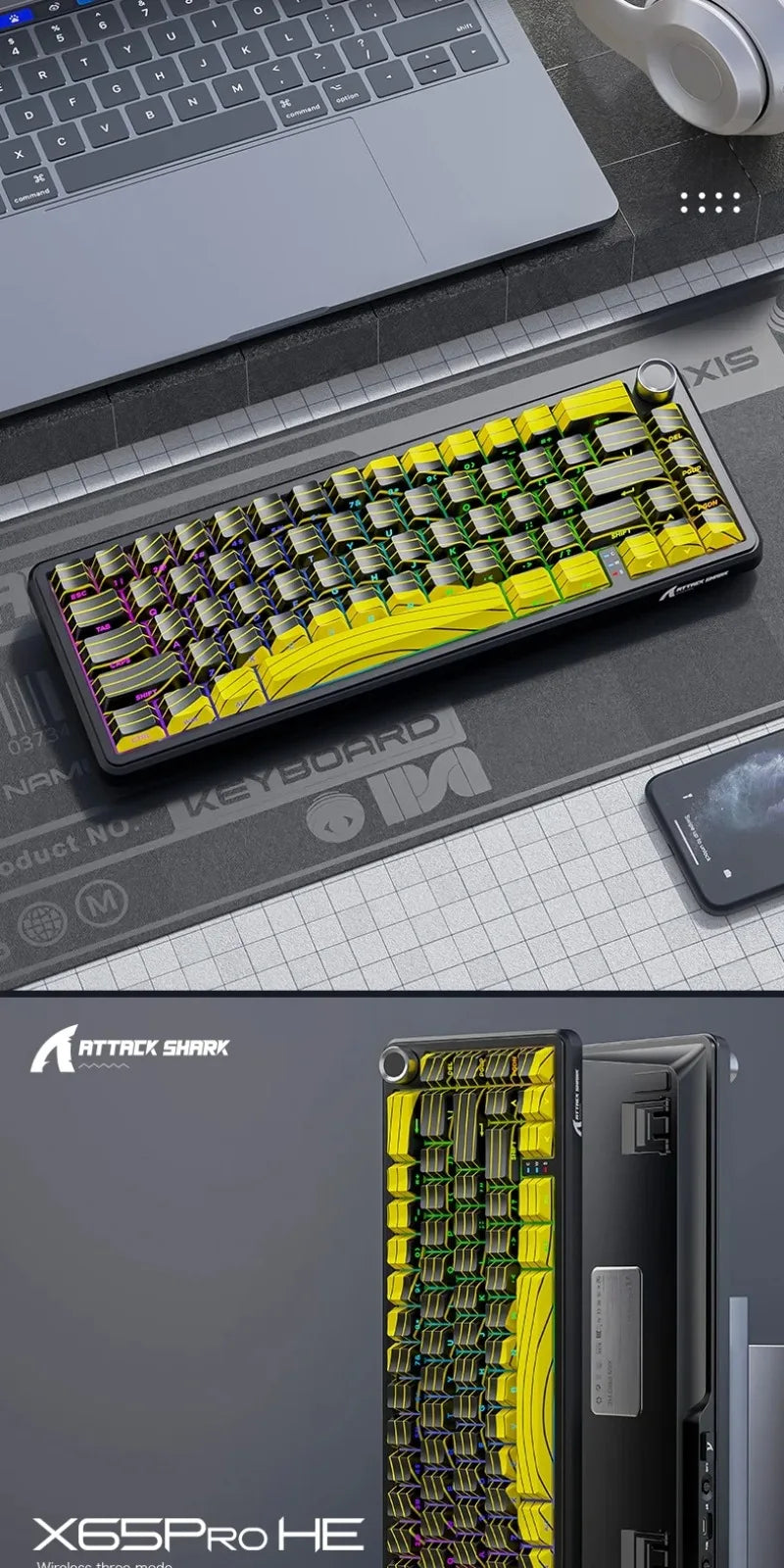 Teclados Gaming Sem Fios Attack Shark X65 PRO HE com Switches Magnéticos 8K RT0.001mm, Gravação Lateral, Bluetooth, Windows Mac PC