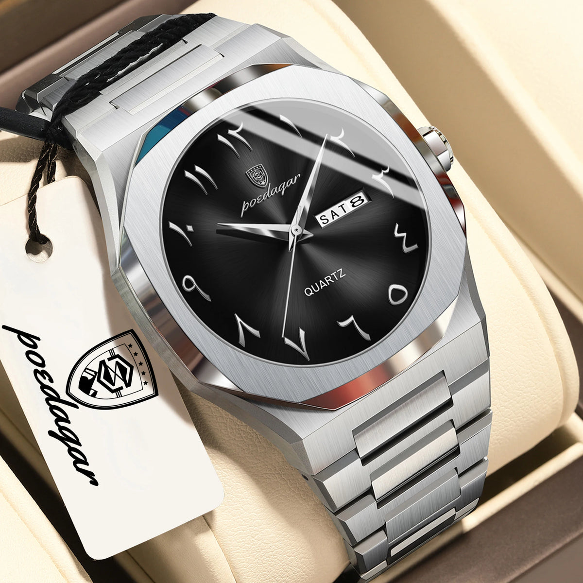 POEDAGAR Luxus-Herrenuhr, wasserdichte Quarzuhr aus Edelstahl, Herrenuhr mit Wochentagsanzeige und Datumsanzeige, Business-Herrenuhren, Reloj Hombre