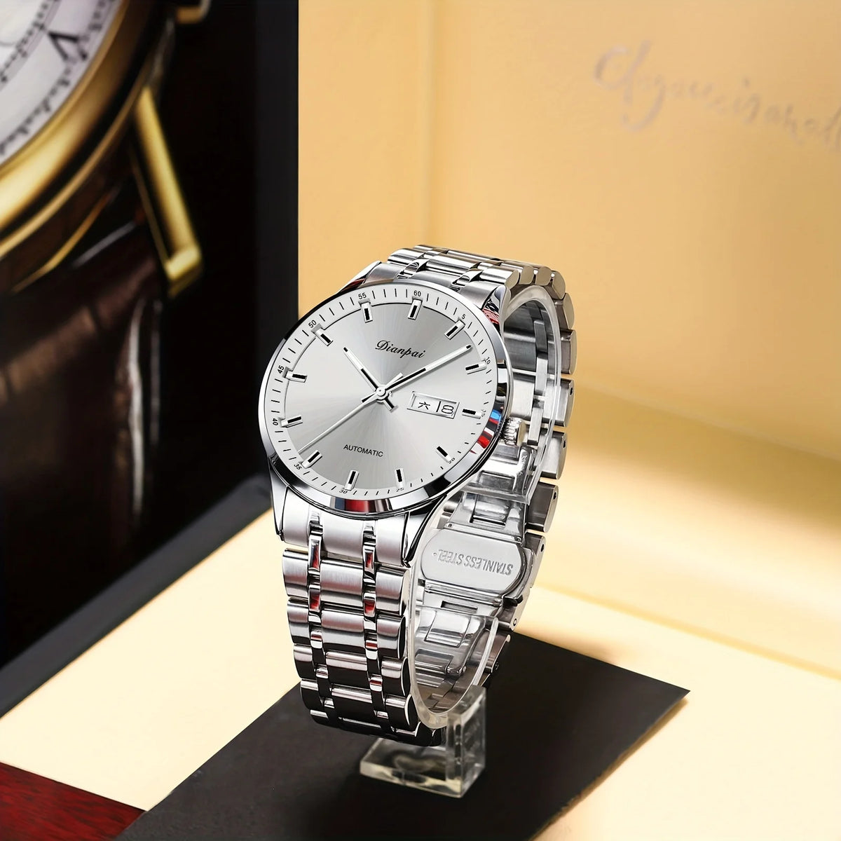 Dianpai automatisch mechanisch herenhorloge – Luxe model, lichtgevende wijzerplaat, klassiek en strak ontwerp, van roestvrij staal, waterdicht, met kalender en weersdagsaanduiding