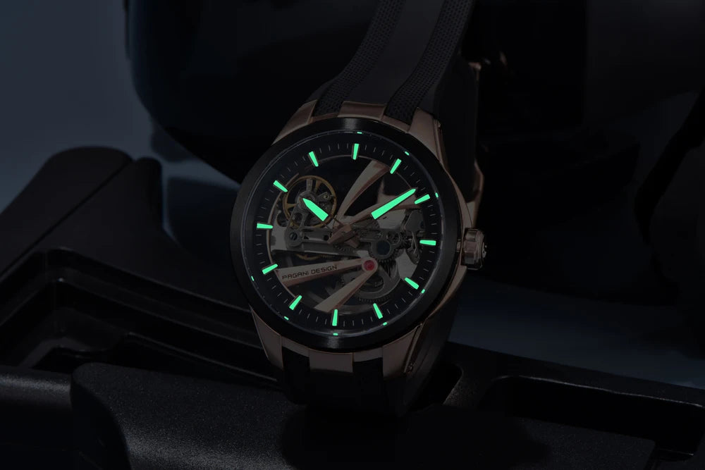 Moška ura PAGANI DESIGN – Luksuzni avtomatski mehanski model tipa »skelet« (z odprtim srcem), opremljen s turbiljonom, safirnim steklom z antirefleksno obdelavo, vodotesna in svetleča.