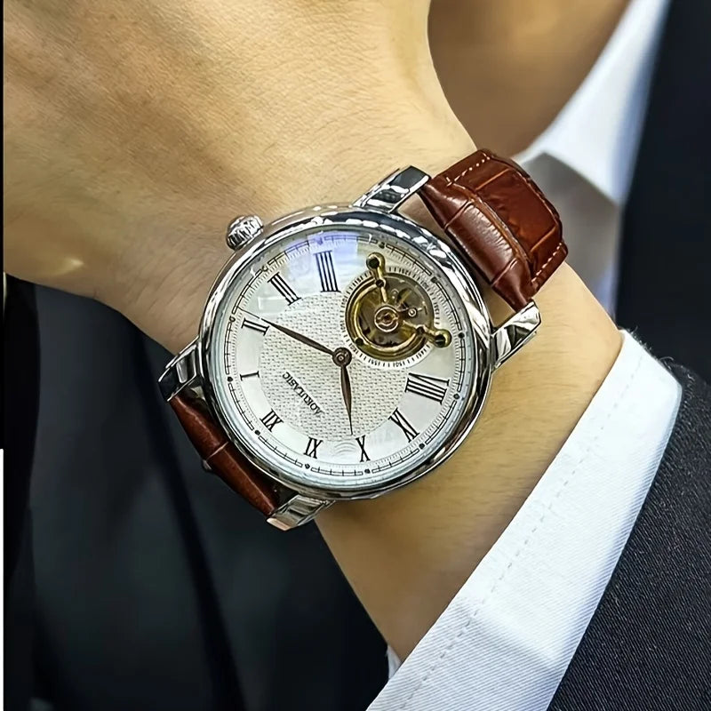 Automatikus mechanikus férfi karóra – Elegáns, áttört kialakítás, divatos „business casual” stílus, ötvözetből készült tok és bőr karkötő, elem nélkül