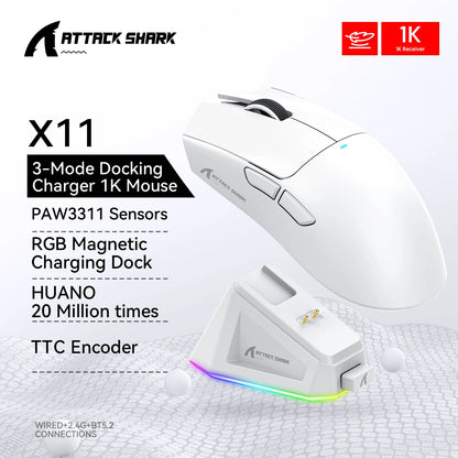 ATTACK SHARK X11 Tri-Mode Lightweight Gaming Mouse have PAW3311,22000DPI,400IPS,40G,59g,Magnetic Fast Charging,RGB backlight