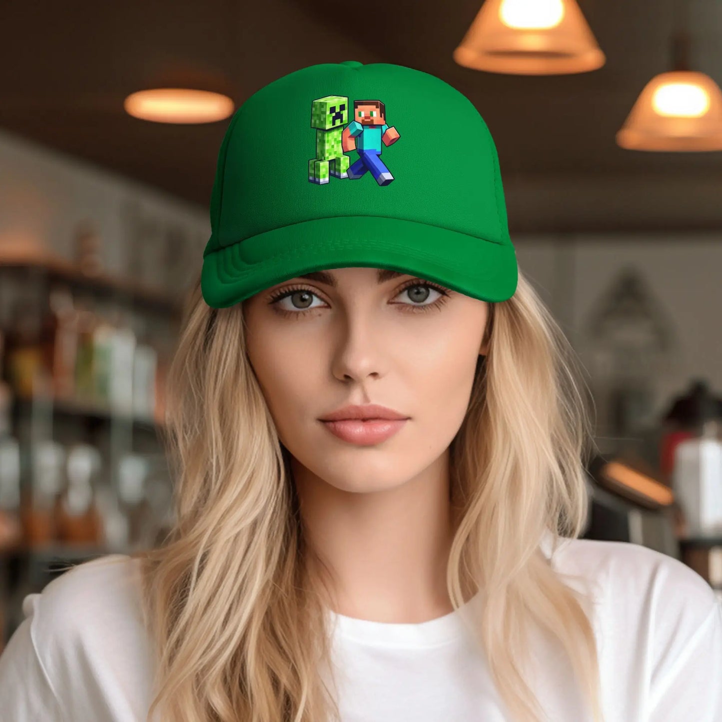 blocky adventurer discover a Creepers monster behind him Trucker Cap Sun Hats Cap Adjustable Snapback Caps Mesh Baseball Cap